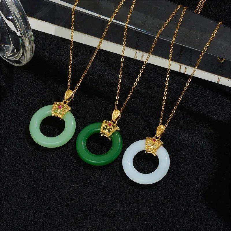 Chinese Style Classic Green Circle Stone Pendant Necklaces for Women Elegant Accessories Collar Jewelry Gifts for Friends